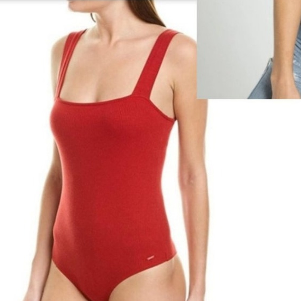 n:Philanthropy NEW Mountain square neck thong bodysuit red ribbed soft sexy